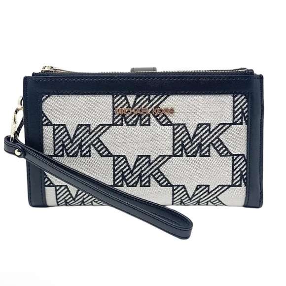 Michael Kors Jet Set Travel Large Double Zip Wallet Graphic Logo MK Beige Black - Picture 5 of 6